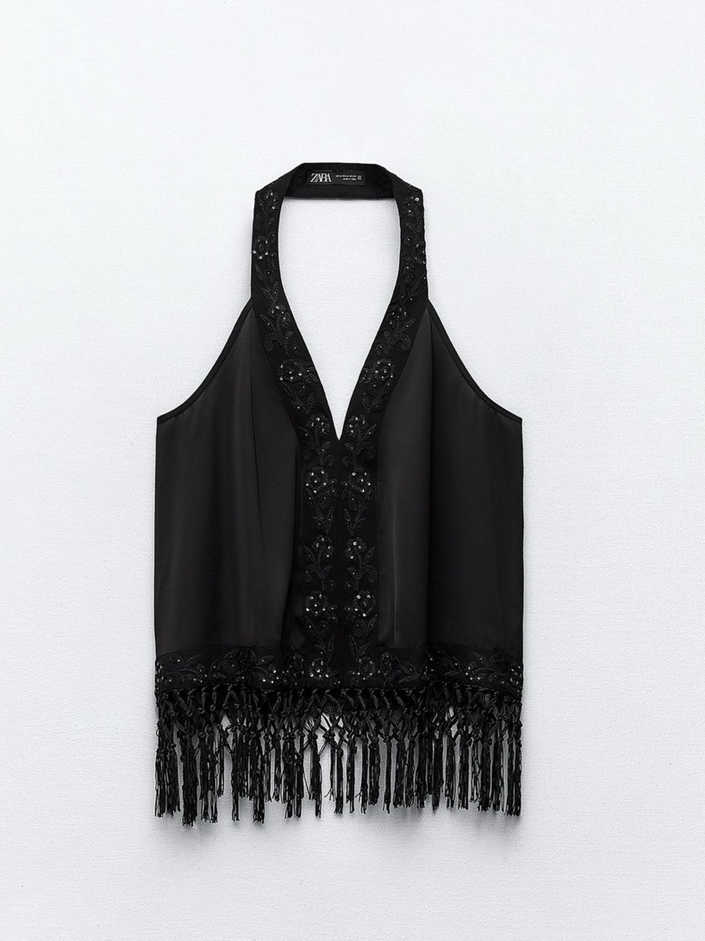 Zara Black Embellished Halter Tank with Fringe NEW without tags